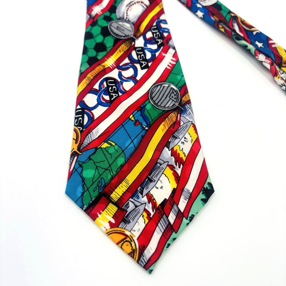 Vintage 90s Novelty USA Olympic Canes Silk Tie Nicole Miller Fun Colorful